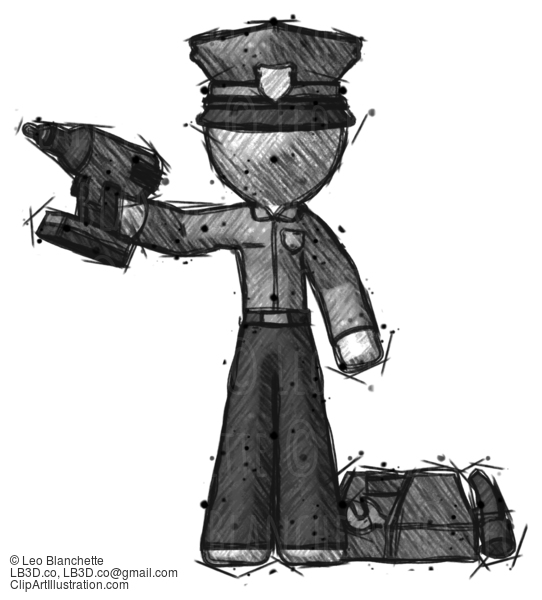 Sketch Police Man Holding Drill Ready To Work, Toolchest And Tools To Right #7332