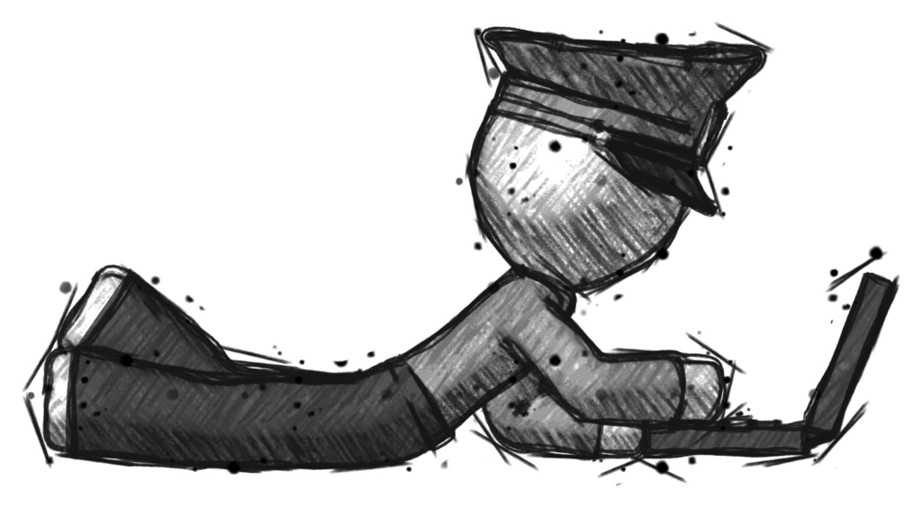 Sketch Police Man using laptop computer while lying on floor side view
