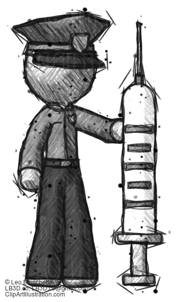 Sketch Police Man Holding Large Syringe #7352