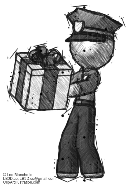 Sketch Police Man Presenting A Present With Large Bow On It #7362