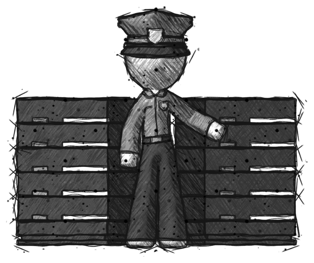 Sketch Police Man With Server Racks, In Front Of Two Networked Systems