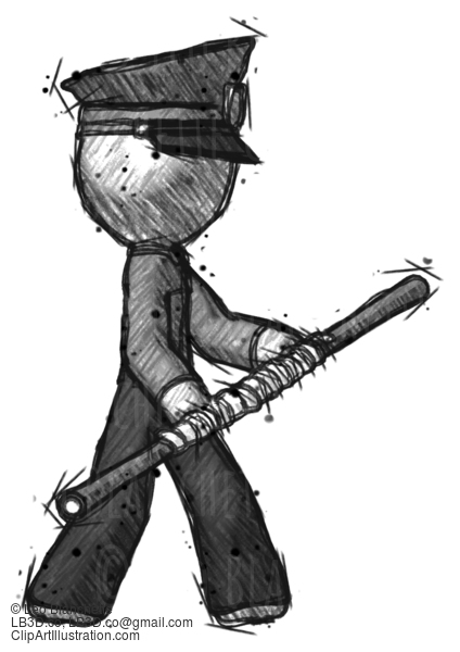 Sketch Police Man Holding Bo Staff In Sideways Defense Pose #7366