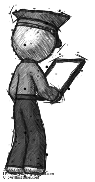 Sketch Police Man Looking At Tablet Device Computer Facing Away #7367