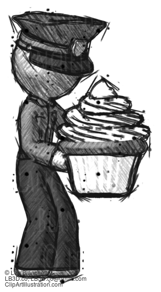 Sketch Police Man Holding Large Cupcake Ready To Eat Or Serve #7380