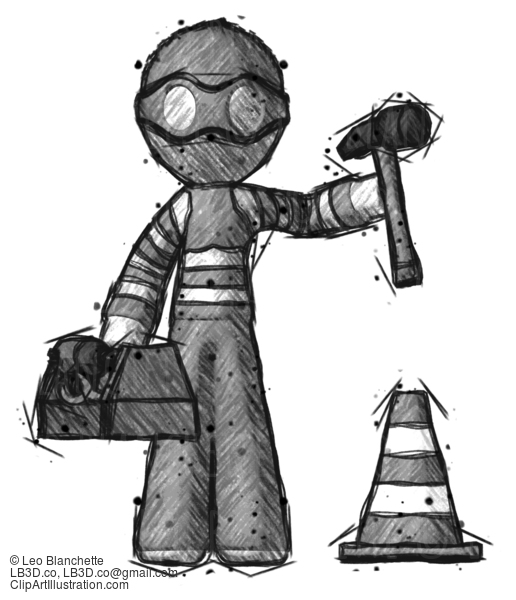 Sketch Thief Man Under Construction Concept, Traffic Cone And Tools #7744