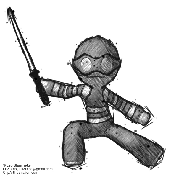 Sketch Thief Man With Ninja Sword Katana In Defense Pose #7761