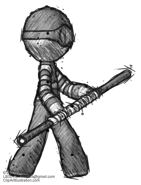 Sketch Thief Man Holding Bo Staff In Sideways Defense Pose #7779