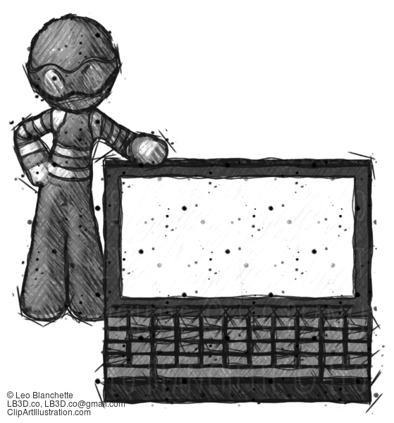 Sketch Thief Man Beside Large Laptop Computer, Leaning Against It #7806