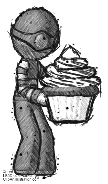 Sketch Thief Man Holding Large Cupcake Ready To Eat Or Serve #7854