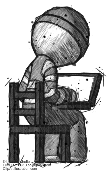 Sketch Thief Man Using Laptop Computer While Sitting In Chair View From Back #7893