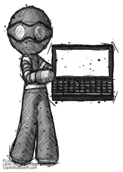 Sketch Thief Man Holding Laptop Computer Presenting Something On Screen #7896