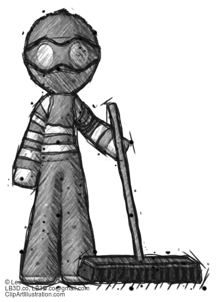 Sketch Thief Man Standing With Industrial Broom #7908