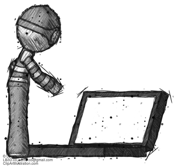 Sketch Thief Man Using Large Laptop Computer Side Orthographic View #7929