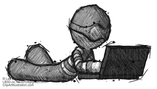 Sketch Thief Man Using Laptop Computer While Lying On Floor Side Angled View #7951