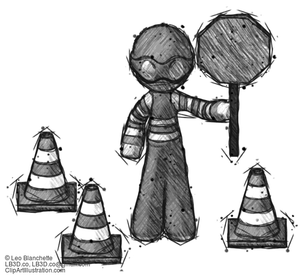 Sketch Thief Man Holding Stop Sign By Traffic Cones Under Construction Concept #7961