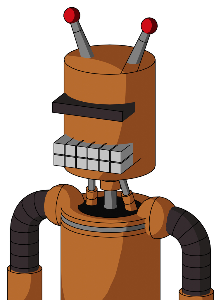 Orange Robot With Cylinder Head And Keyboard Mouth And Black Visor Cyclops And Double Led Antenna
