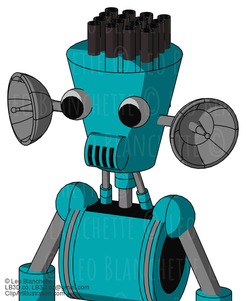 Blue Robot With Cylinder-Conic Head And Speakers Mouth And Two Eyes And Pipe Hair #20966