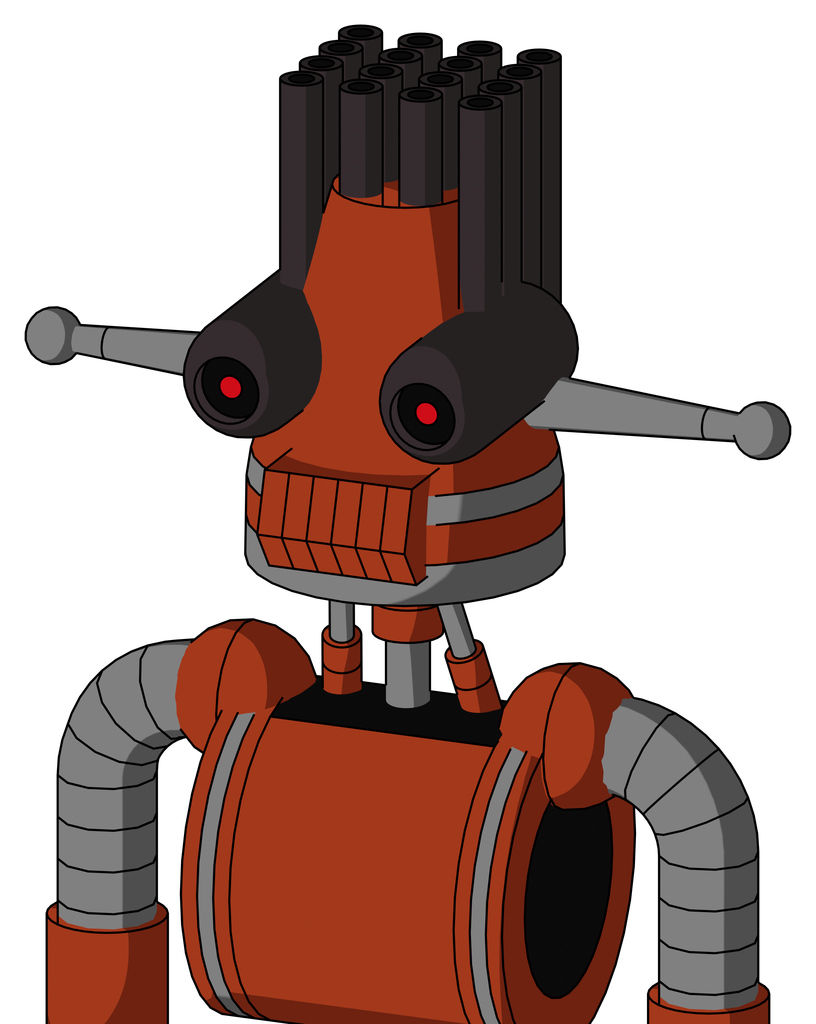 Orange Robot With Cone Head And Toothy Mouth And Black Glowing Red Eyes And Pipe Hair