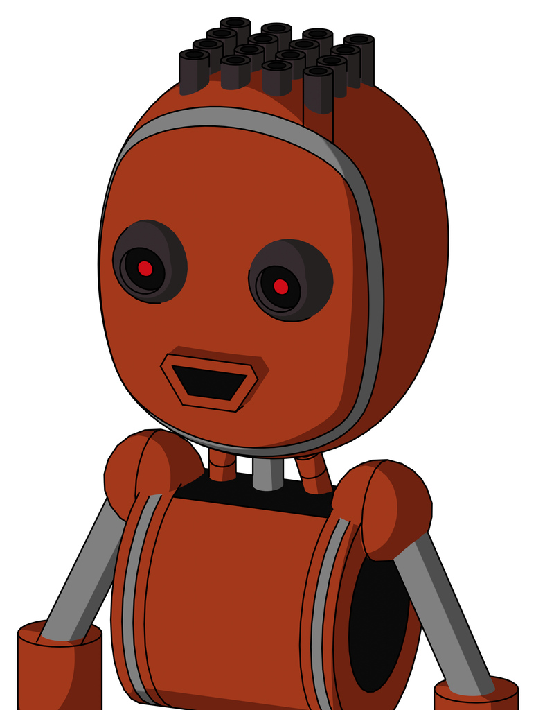 Orange Robot With Bubble Head And Happy Mouth And Black Glowing Red Eyes And Pipe Hair