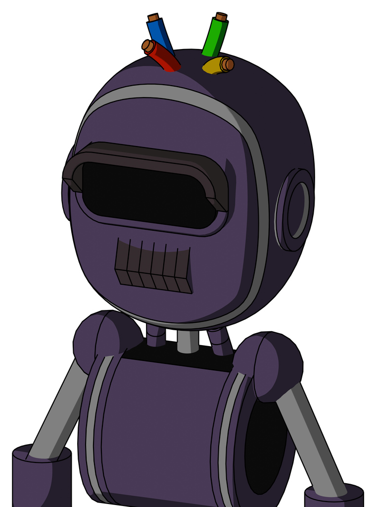 Purple Mech With Bubble Head And Dark Tooth Mouth And Black Visor Eye And Wire Hair