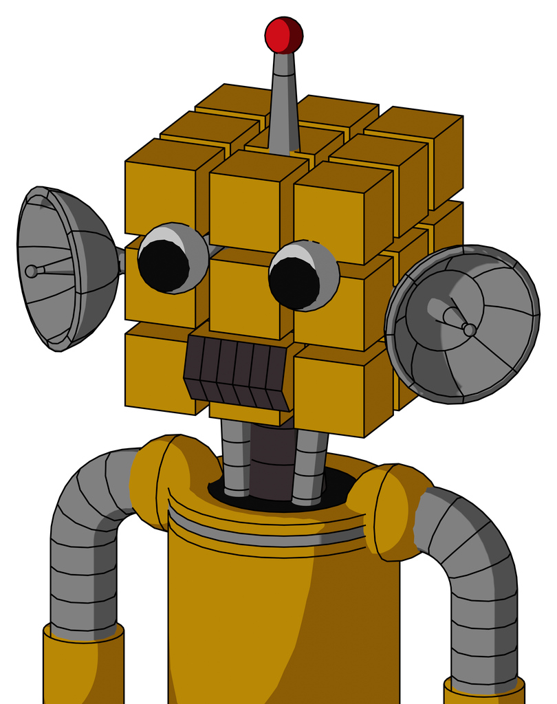 Yellow Droid With Cube Head And Dark Tooth Mouth And Two Eyes And Single Led Antenna