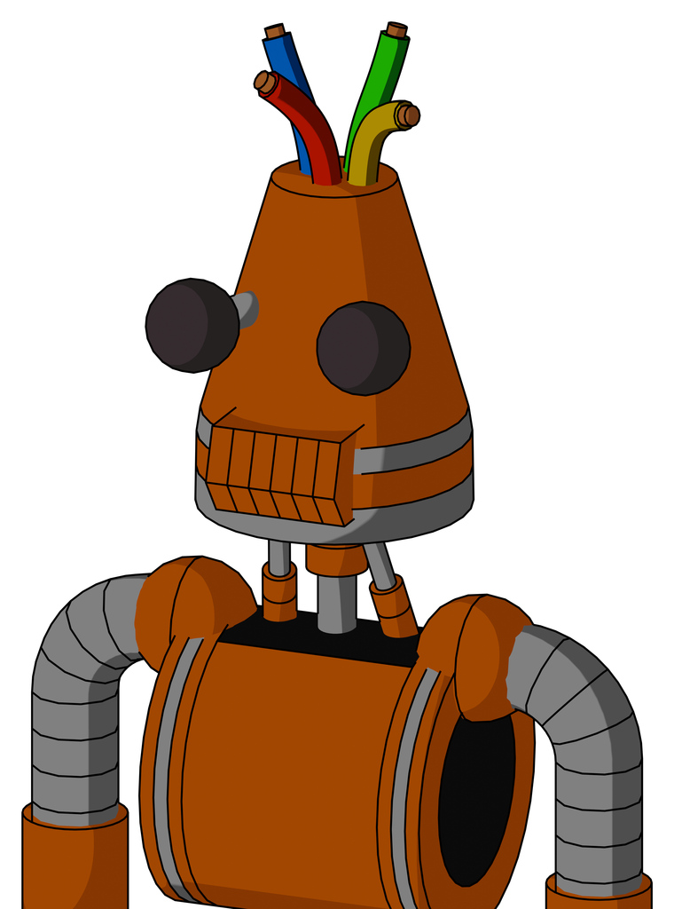 Redish-Orange Mech With Cone Head And Toothy Mouth And Two Eyes And Wire Hair