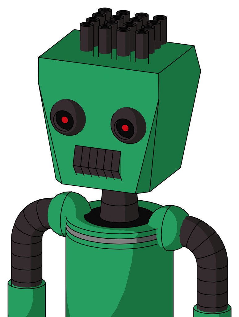 Green Automaton With Box Head And Dark Tooth Mouth And Black Glowing Red Eyes And Pipe Hair