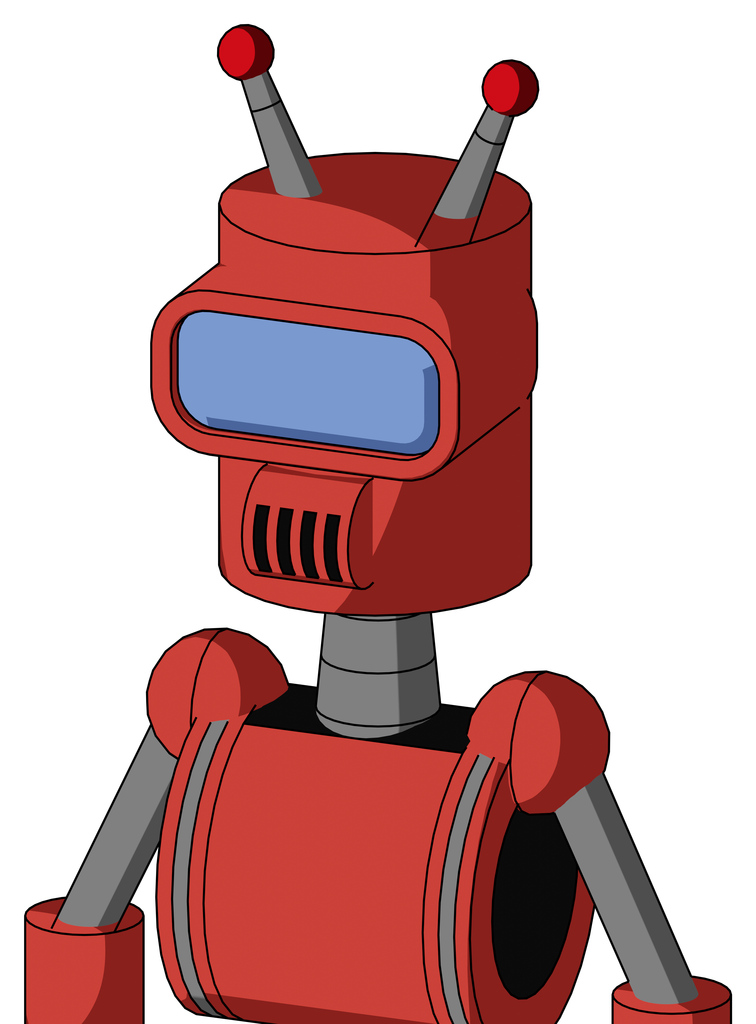 Tomato-Red Droid With Cylinder Head And Speakers Mouth And Large Blue Visor Eye And Double Led Antenna