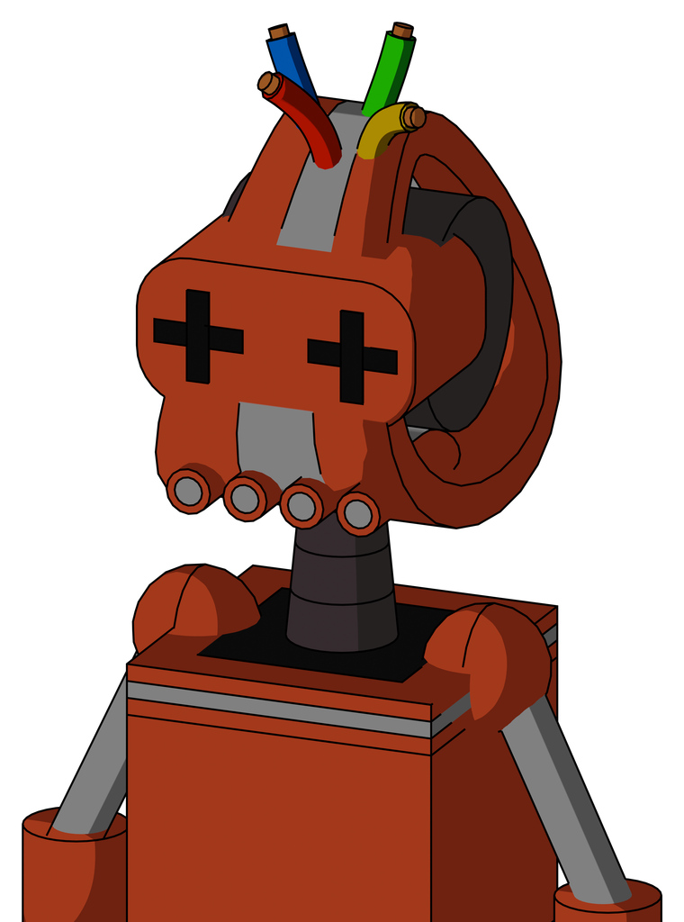 Orange Robot With Droid Head And Pipes Mouth And Plus Sign Eyes And Wire Hair