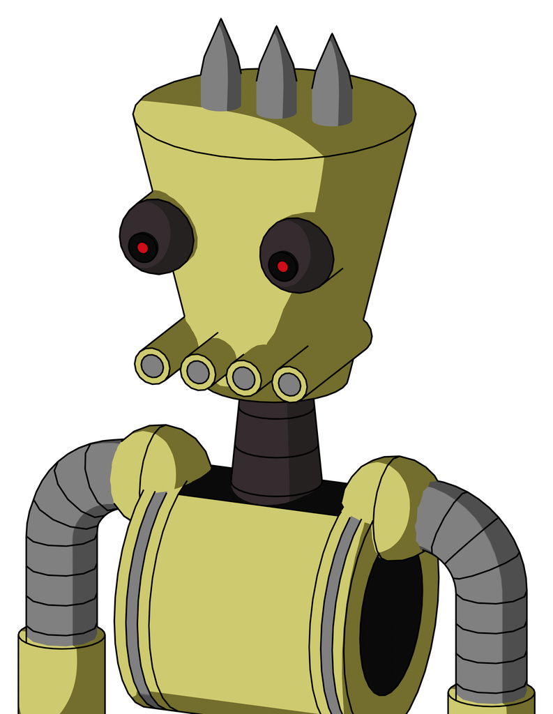 Yellow Robot With Cylinder-Conic Head And Pipes Mouth And Red Eyed And Three Spiked
