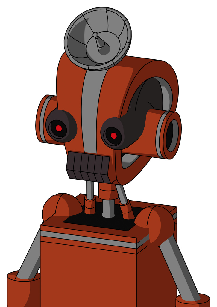 Orange Robot With Droid Head And Dark Tooth Mouth And Black Glowing Red Eyes And Radar Dish Hat