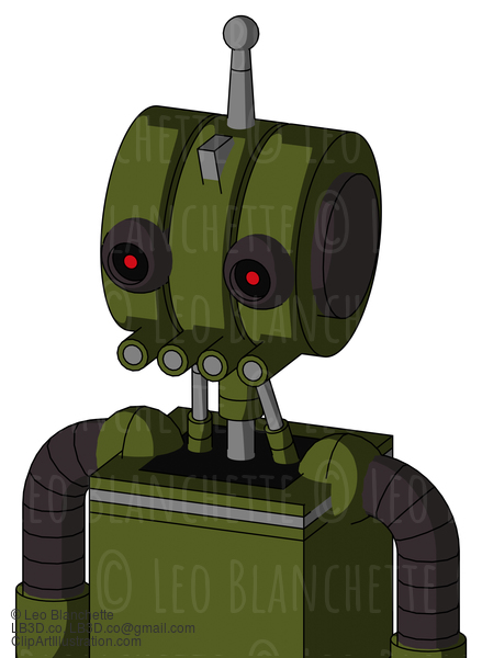 Army-Green Automaton With Multi-Toroid Head And Pipes Mouth And Black Glowing Red Eyes And Single Antenna #21609