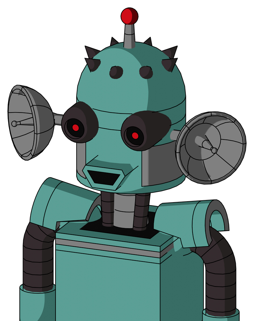 Greenish Mech With Dome Head And Happy Mouth And Black Glowing Red Eyes And Single Led Antenna