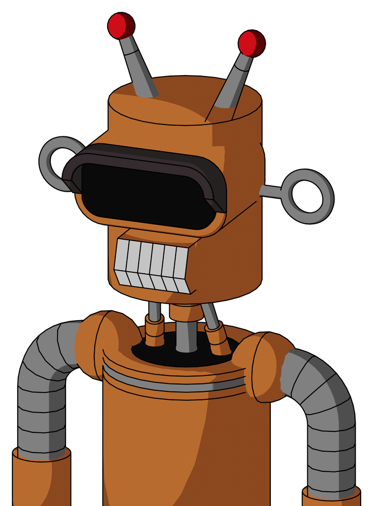 Orange Robot With Cylinder Head And Teeth Mouth And Black Visor Eye And Double Led Antenna
