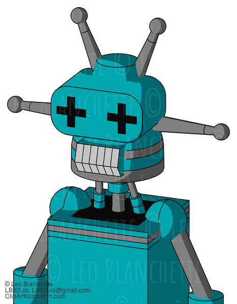 Blue Robot With Cone Head And Teeth Mouth And Plus Sign Eyes And Double Antenna #21702