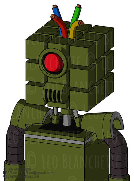 Army-Green Automaton With Cube Head And Speakers Mouth And Cyclops Eye And Wire Hair #21716