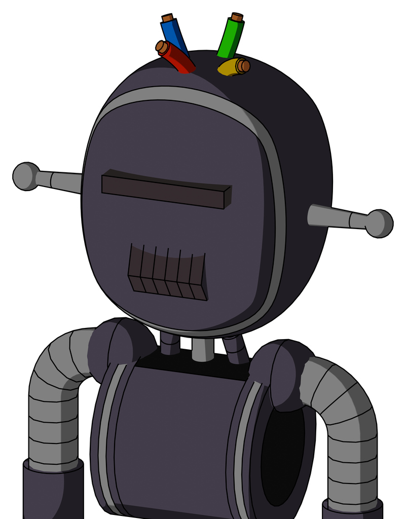 Purple Robot With Bubble Head And Dark Tooth Mouth And Black Visor Cyclops And Wire Hair