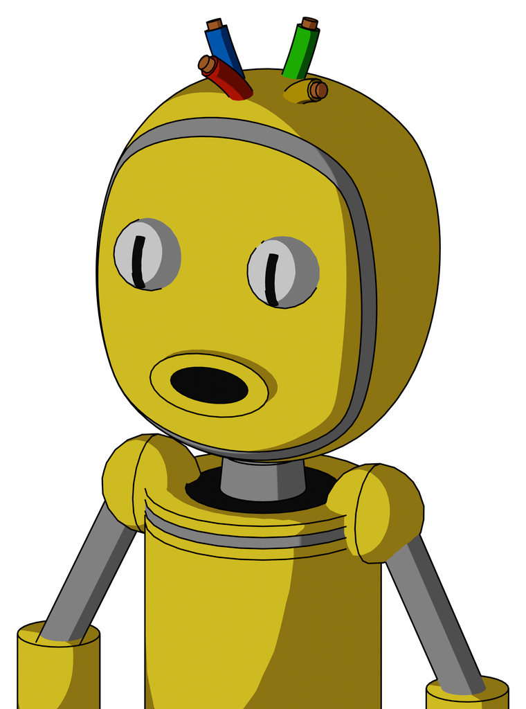 Yellow Droid With Bubble Head And Round Mouth And Two Eyes And Wire Hair