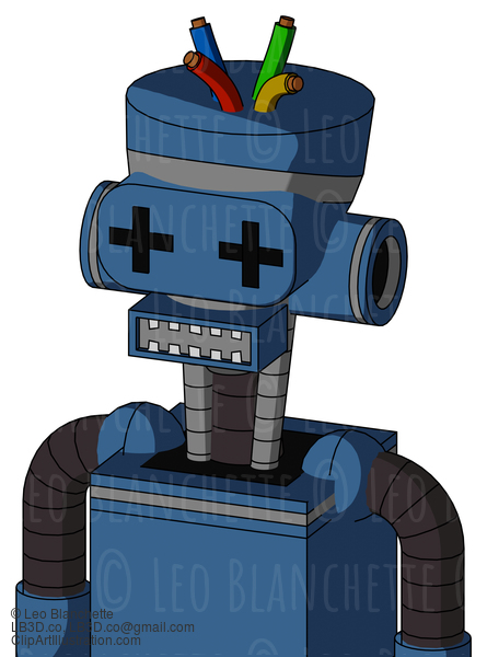 Blue Robot With Vase Head And Square Mouth And Plus Sign Eyes And Wire Hair #21795