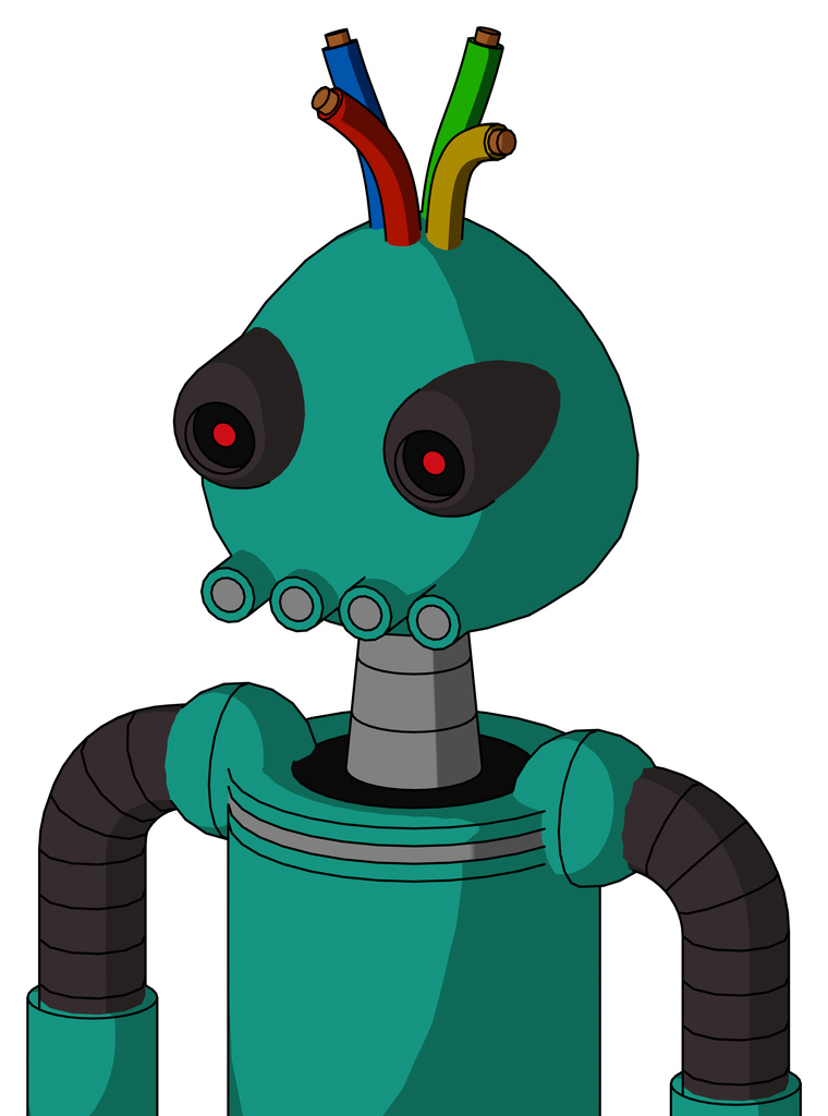 Green Automaton With Rounded Head And Pipes Mouth And Black Glowing Red Eyes And Wire Hair