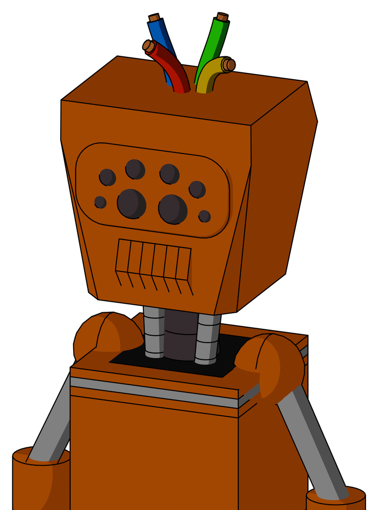 Redish-Orange Mech With Box Head And Toothy Mouth And Bug Eyes And Wire Hair