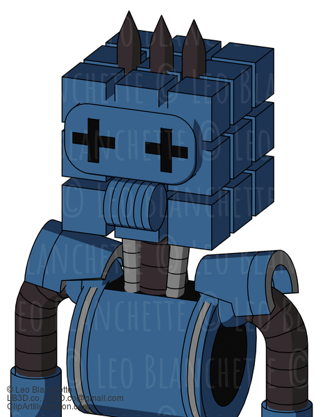 Blue Robot With Cube Head And Speakers Mouth And Plus Sign Eyes And Three Dark Spikes #22027