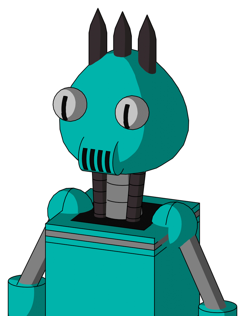 Greenish Robot With Rounded Head And Speakers Mouth And Two Eyes And Three Dark Spikes