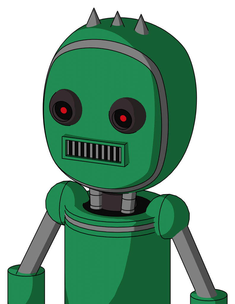 Green Automaton With Bubble Head And Square Mouth And Black Glowing Red Eyes And Three Spiked