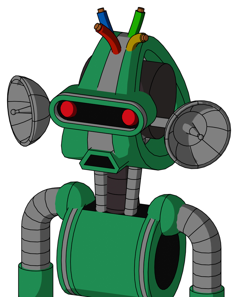 Green Automaton With Droid Head And Sad Mouth And Visor Eye And Wire Hair