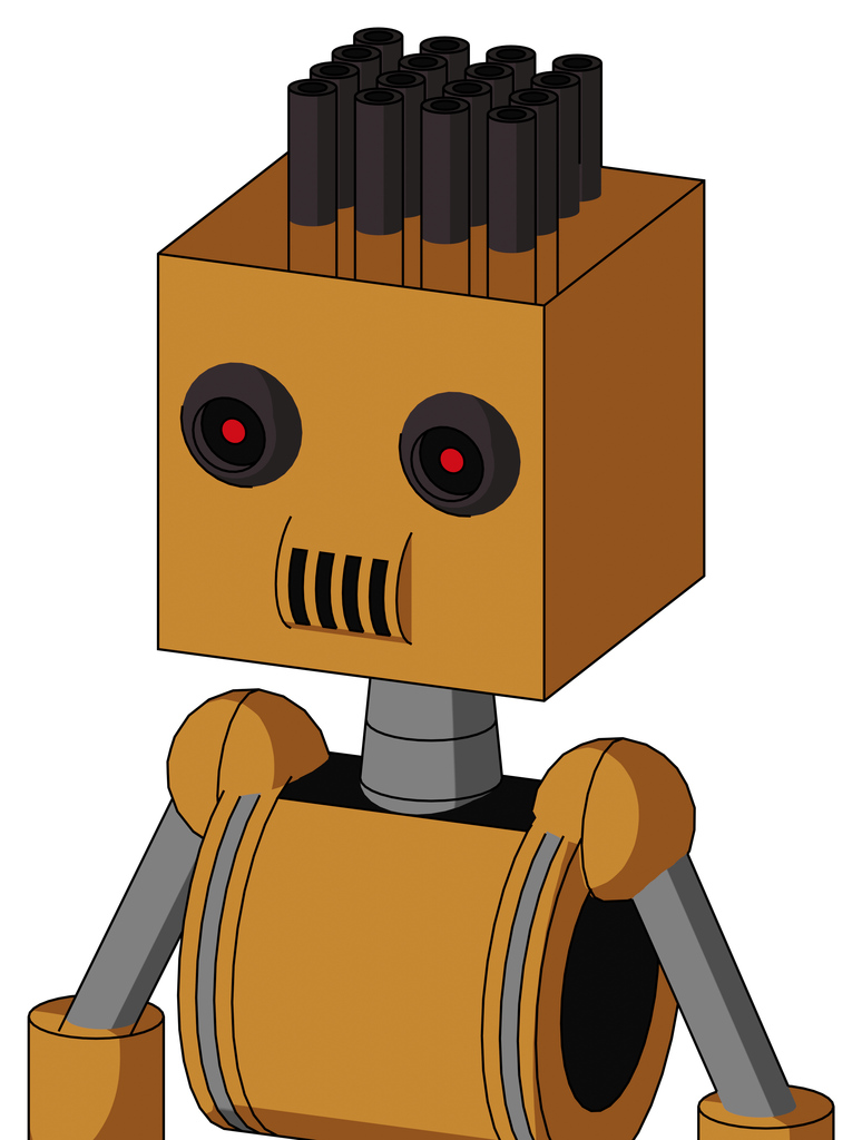 Peach Droid With Box Head And Speakers Mouth And Black Glowing Red Eyes And Pipe Hair