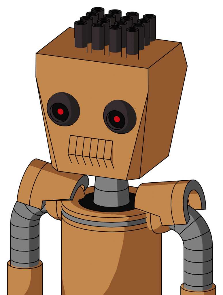 Peach Mech With Box Head And Toothy Mouth And Black Glowing Red Eyes And Pipe Hair