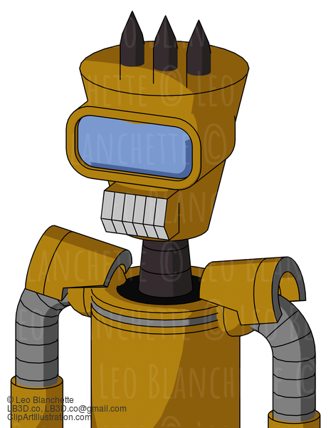 Dark-Yellow Automaton With Cylinder-Conic Head And Teeth Mouth And Large Blue Visor Eye And Three Dark Spikes #22259