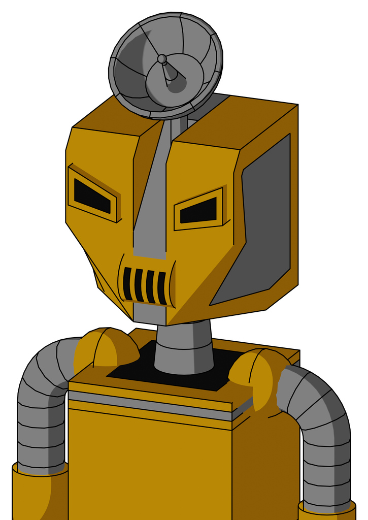 Yellow Droid With Mechanical Head And Speakers Mouth And Angry Eyes And Radar Dish Hat