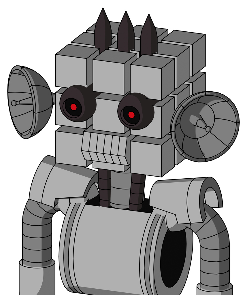 White Automaton With Cube Head And Toothy Mouth And Black Glowing Red Eyes And Three Dark Spikes